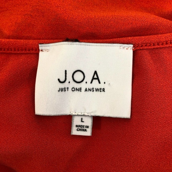JOA Faux Wrap Top Orange Plunge V-Neck Ruched Stretch L - Picture 2 of 6